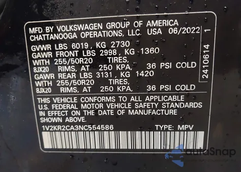 2022 Volkswagen Atlas 3.6L V6 Se W/Technology from USA, damaged, VIN 1V2KR2CA3NC554586